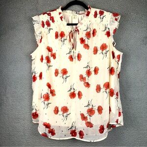 Tamara H. Top Womens 1X Cream Poppy Gold Foil Ruffle Tie Front Blouse